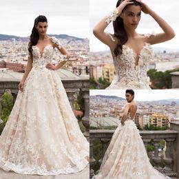 Setwell 3D Applique Lace Wedding Dress Sheer Illusion Jewel Long Sleeves Backless Wedding Gowns Custom Made A-Line Long Bridal Dress