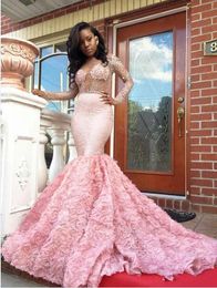 Luxury 2k17 Pink Long Sleeve Prom Dresses Sexy See Through Rose Flowers Open Back Mermaid Evening Gowns South African Formal Party Wear