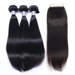 9A Brazilian Virgin Straight Hair Bundles with Lace Closure Unprocessed Brazillian Human Hair Weave Closures Natural Colour Remy Hair Can Dye