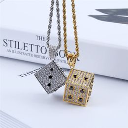 Hip Hop Iced Out Sparkling 3D Cubic Zirconia Dice Pendant Necklace with Stainless Steel 24inch Rope Chain