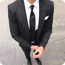 White And Black Point Men Suits For Wedding Bridegroom Groom Wear Custom Made Slim Fit Formal Tuxedo Best Man Blazer Prom Jacket+Pants+Vest