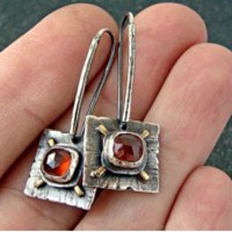 Geometric Red Stone Vintage Pendientes Ancient Silver Long Hook Dangle Earrings Indian Jewellery Women Accessories