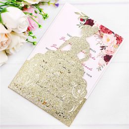New Champagne Gold Glitter Laser Cut Luxury Princess Invitations Cards For Birthday Cards Sweet 15 Quinceanera Sweet 16th Engagement Invites