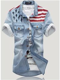 Wholesale denim shirt top pop korea style flag vintage denim tops men short sleeve Slim wear white washed denim tide