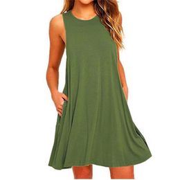 Vestido Midi de algodón sin mangas para mujer prenda informal holgada con cuello redondo y costura Vestido Midi de algodón sin mangas para mujer prenda informal holgada con cuello redondo y costura