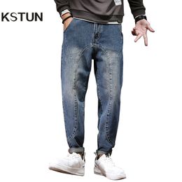 Fubotevic Men Loose Casual Color Block Washed Stretch Harem Pants Denim Jeans Pants 