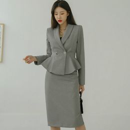 gray midi pencil skirt suit