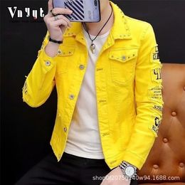 men yellow jean jacket