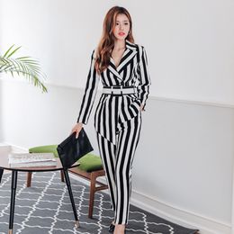 black and white striped pants suit
