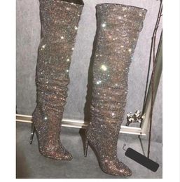 ODOKAY Fashion Boots Women Bling Bling Crystal Over The Knee Slim Fit Long Glittering Metal Thin High Heel Boots ODOKAY Fashion Boots Women Bling Bling Crystal Over The Knee Slim Fit Long Glittering Metal Thin High Heel Boots