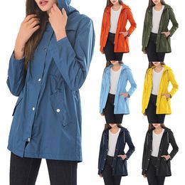 A prueba de lluvia Casual botón de capa impermeable de manga larga con capucha de color sólido chaqueta A prueba de lluvia Casual botón de capa impermeable de manga larga con capucha de color sólido chaqueta