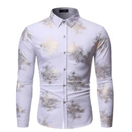 YYear Men Floral Printed Lapel Collar Slim Long Sleeve Nightclub Bee Button Down Dress Shirts 