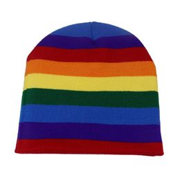 Rainbow double layered knit beanie colorful rainbow winter hat.