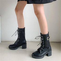 Bottines Femme Lacets Plateforme Talons Hauts Mi-Mollet Knight Boots Punk Chaussures De Loisirs 34-45