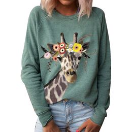 Femme Fashion T-shirt girafe à manches longues imprimé poche Casual O-cou lâche Tops
