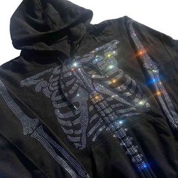 skeleton rhinestone full zip moletom com capuz
