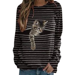 Tops Mujeres O-cuello Gato Estampado De Flores Manga Larga S Tops Mujeres O-cuello Gato Estampado De Flores Manga Larga S