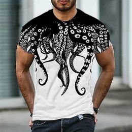 Camiseta De Cuello Alto Para Tops Hombre Ocean Octopus Estampado Digital 