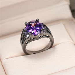 Women Engagement Ring Rose Gold Metal Oval Purple Stone Black Micro CZ Paved Rings Cocktail Statement Jewelry 222 