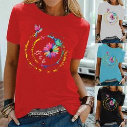 Camiseta de manga corta con cuello redondo y estampado de pájaros de verano para mujer Rojo Camiseta de manga corta con cuello redondo y estampado de pájaros de verano para mujer Rojo