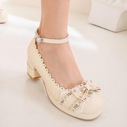 sweet womens girls flat heel bowknot pearl ankle strap lolita shoes prom cosplay 