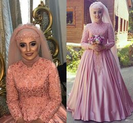 Muslim Pink Applique Beading wedding Dress 2018 A-Line Tiered Lace Bridal Gown 