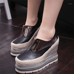Women Platform Casual Sneakers Thick Bottom Square Toe Wedge Shoes Lace Up Female Hemp Shoes 