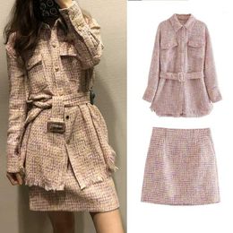 Women Long Sleeve Short Plaid Jacket Mini Skirt Lattice Two-Piece Suit Woolen Coat Small,Lattice, 