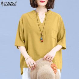 ZANZEA vendimia de las mujeres camisa étnica tops casuales Redondos hacia abajo del cuello del lazo de la blusa de verano Beige 