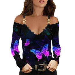 Tops Mujeres Cuello En V Manga Larga Encaje Empalme Frío Deb Tops Mujeres Cuello En V Manga Larga Encaje Empalme Frío Deb