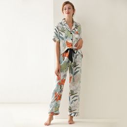 2020 New Printing Pajama Set Woman Korean Rayon Long Sleeve Trousers Twinset