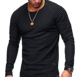 detail top NZ - Solid Color Sleeve Pleated Patch Detail Long T-Shirt Men Spring Casual Tops Pullovers Fashion Slim Basic Men's T-Shirts