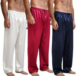 Satin Silk Pants Pajamas Bottoms Sleep Men Sleepwear Long Belt Soft Solid Color 