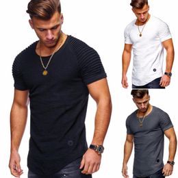 detail top NZ - Solid Color Sleeve Pleated Patch Detail Short T-Shirt Men Spring Casual Tops Pullovers Fashion Slim Basic 2021 Men's T-Shirts