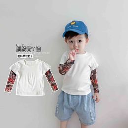 White, 2-3T Toddler Kids Baby Boys Clothes Long Tattoo Sleeve Solid Splicing T-Shirt Tops Handsome Costume
