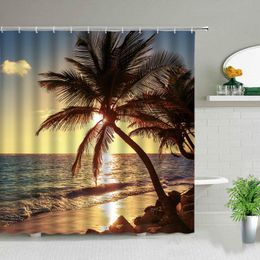 180cm Sunset Seaside Sunny Beach Palm Tree Shower Curtain Hooks Polyester Fabric