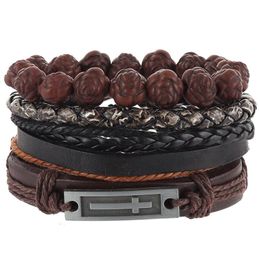 6pcs Set Orange Brown Black Leather Men Women Hippie Cuff Wristband Bracelet 