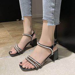 Size 31-48 Retro Women High Heel Sandals Ankle Strap Pointed Toe Thick Heel Sandals Summer Vintage Shoes Womens Footwear 