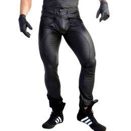 Pantalones de Jeans de hombre negro Punk Gótico Imitación Cuero Pantalón largo legging Entrepierna Abierta