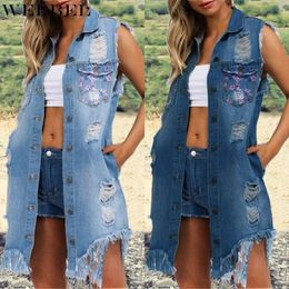 long denim sleeveless jacket