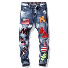 Men's American Flag Jeans Slim Fit Long Pants Trousers Jeans Independence Day