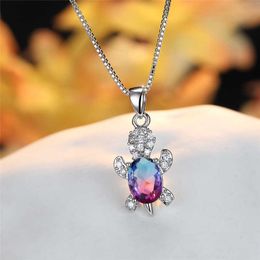 Fashion Oval Zircon Pendant Turtle Shape Necklaces With Rainbow Stone Multicolor Animal Necklace Jewelry For Woman And Children