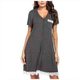 De talla grande Sleepshirt mujeres de manga corta camisón Modal suave de algodón camisón de verano de mujer con cuello redondo botones Homewear pijama #gray De talla grande Sleepshirt mujeres de manga corta camisón Modal suave de algodón camisón de verano de mujer con cuello redondo botones Homewear pijama #gray