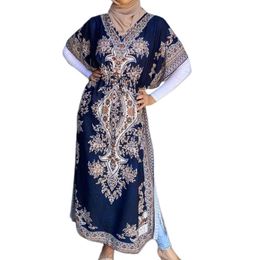 Para Mujer Vestido Maxi Retro Seda suelto con cuello en V estilo étnico Kaftan Bata larga de gran tamaño