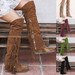 Ladies Tassel Moccasin Knee High Riding Boots Pull On Flat Heel Suede Fabric New