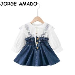 Baulody Children Baby Girls Fly Sleeve Plaid Print Tops+Denim Dress Skirt Set Outfit Clothes 
