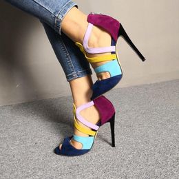 Colorful Caged Strappy Studded Open Toe Stiletto High Heel Platform Sandal H9