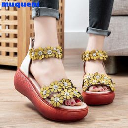 Real Leather Womens Summer Ethnic Style Girls Platform Wedges Heels Sandals Chic 