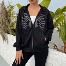 skeleton rhinestone full zip moletom com capuz