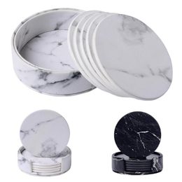 7Pcs Round Marble Coasters PU Leather Cup Mats Placemat Drink Coasters for Home